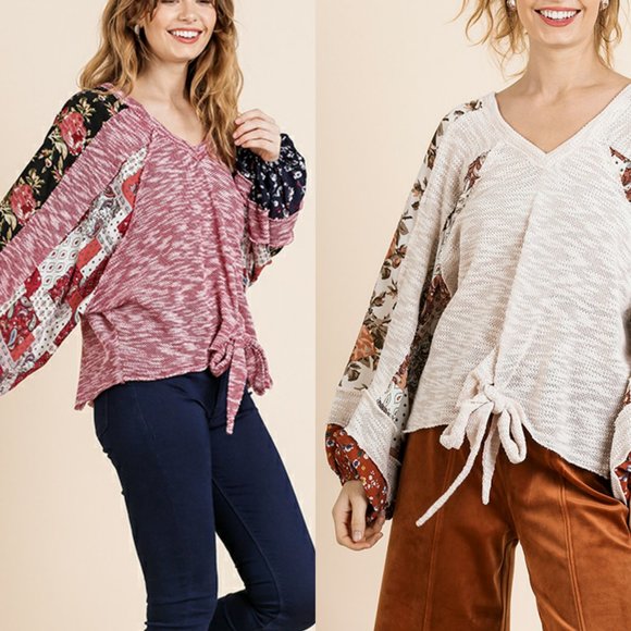 Umgee Top Size S M L Floral Long Puff Sleeve Knit V-Neck - Picture 6 of 6